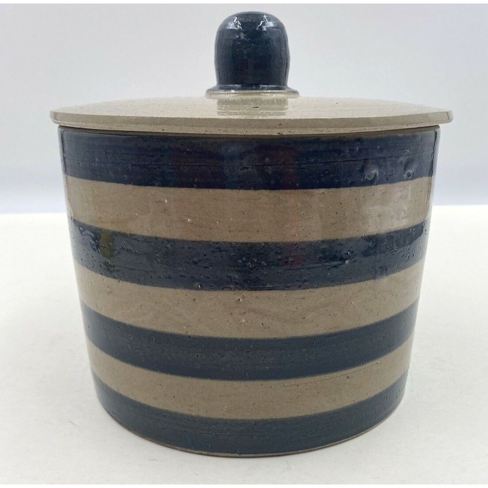 VTG Fitz & Floyd Stoneware Crock Cheese Preserver Blue Tan Striped Japan